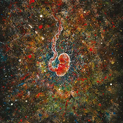 Painted image of a fetus within a speckled, dark, textured background.