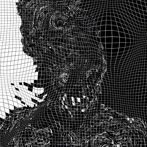 Black and white abstract portrait overlaid with a grid pattern.