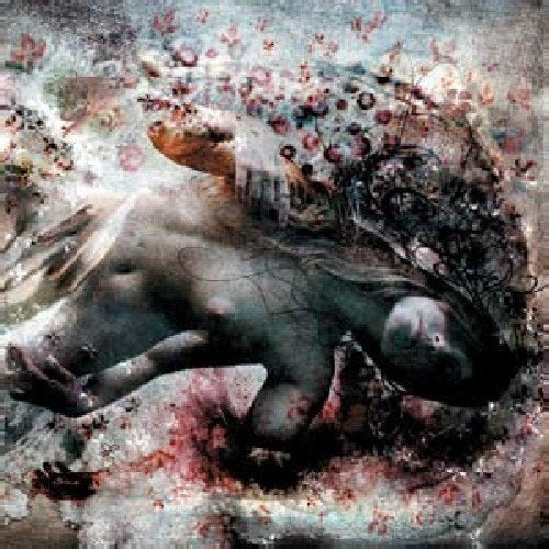 Dark, textured image of a reclining figure amidst swirling red shapes.