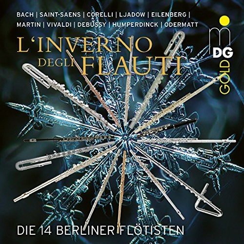 "CD cover with flutes forming a snowflake, dark background, and yellow and white text."