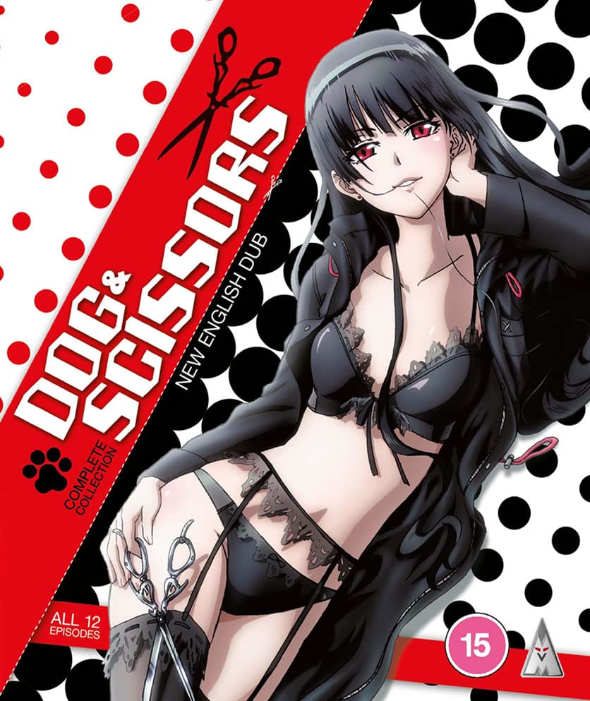 Anime Blu-ray cover featuring a woman in black lingerie and jacket, holding scissors.