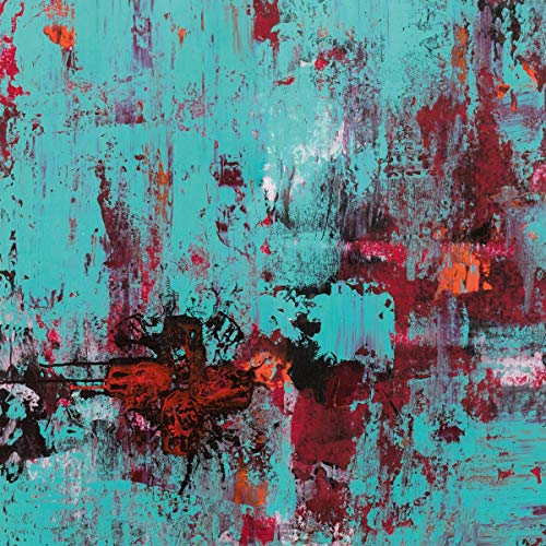The image shows an abstract painting with turquoise, red, and black colors. Alt text: Abstract painting with turquoise background and red and black splatters.