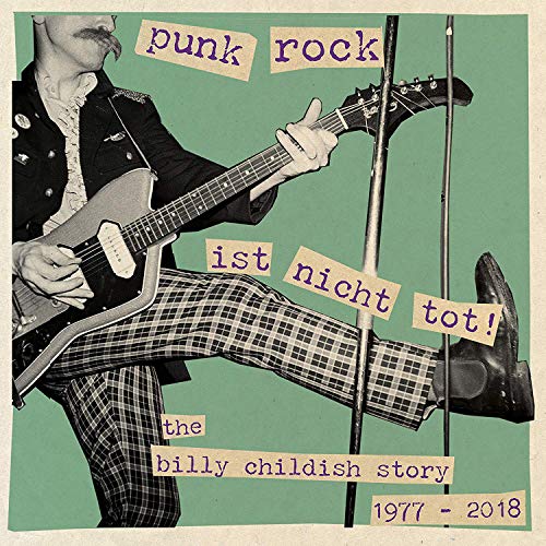 CD cover: Billy Childish playing guitar, collage style, green background.