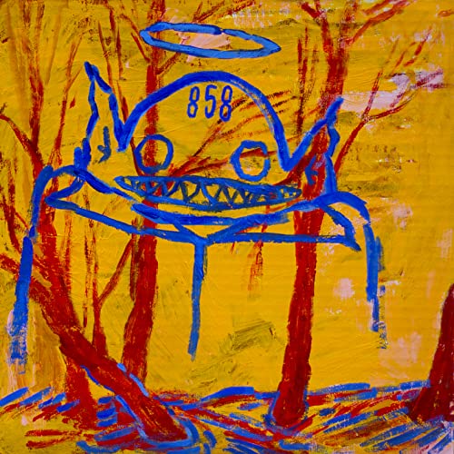 Painted image of a blue, toothy creature with a halo in a forest.
