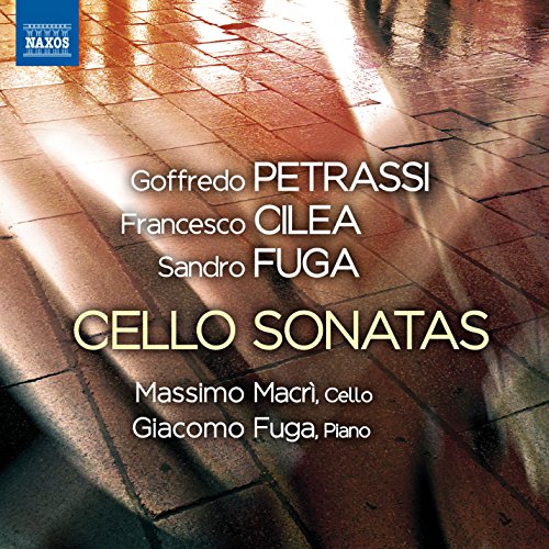 "Album cover with 'Cello Sonatas' title on a wet, tiled floor with sunlight reflections."