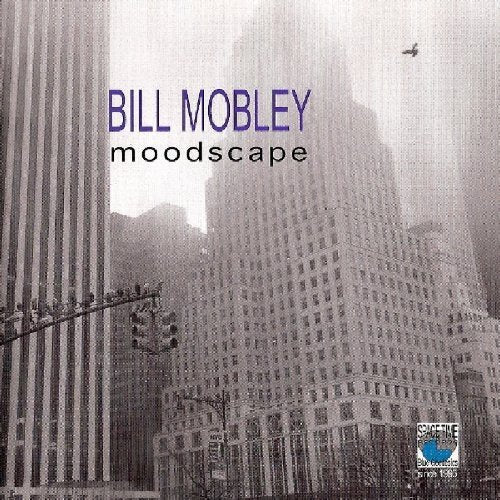 "Album cover with cityscape image, 'Bill Mobley' in blue and 'moodscape' in black text."