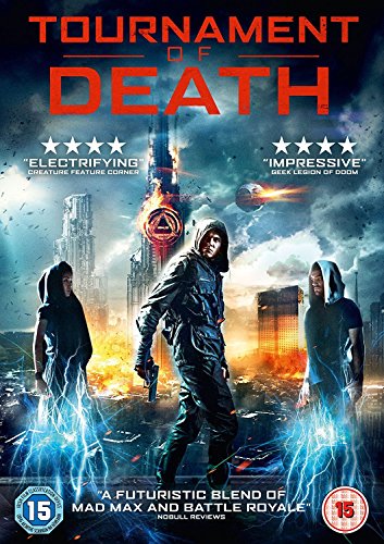 DVD cover for "Tournament of Death" with three hooded figures and a futuristic cityscape.
