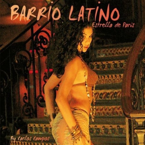 Woman in a dress on a staircase, album cover with orange text "Barrio Latino".