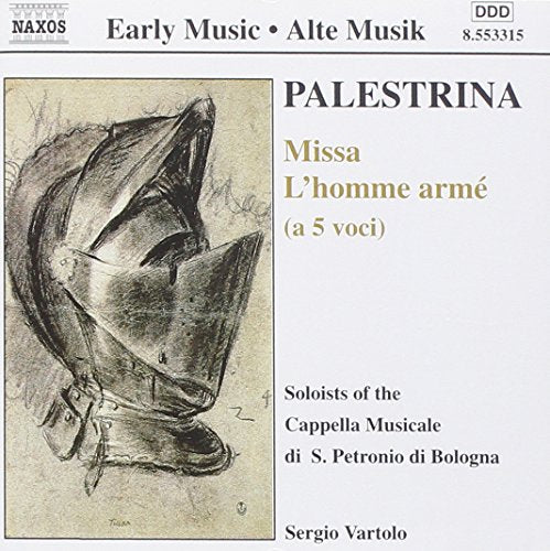 A CD cover featuring a sketch of a medieval helmet and text about Palestrina's music.