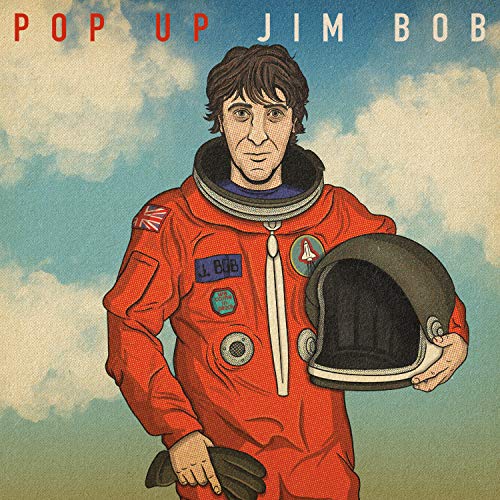 "Album cover featuring a man in an orange spacesuit holding a helmet."
