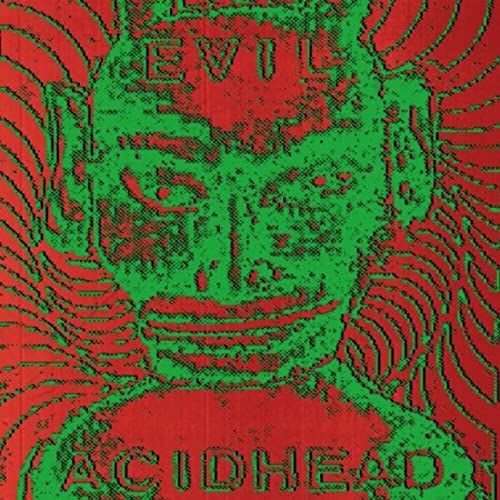Psychedelic album cover featuring a distorted green face on a red spiral background.