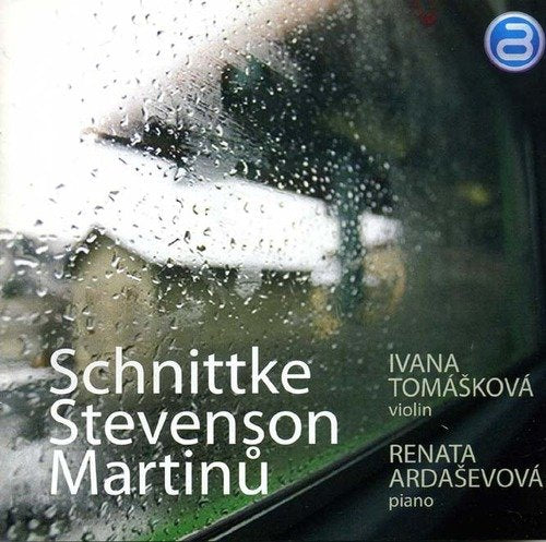 CD cover with blurred rainy window, composers’ names, and performers’ names.
