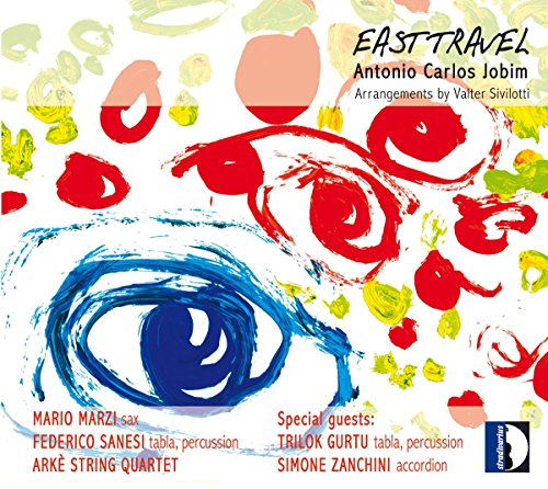 "Album cover with abstract eye illustration and colorful shapes, featuring musician names and title."