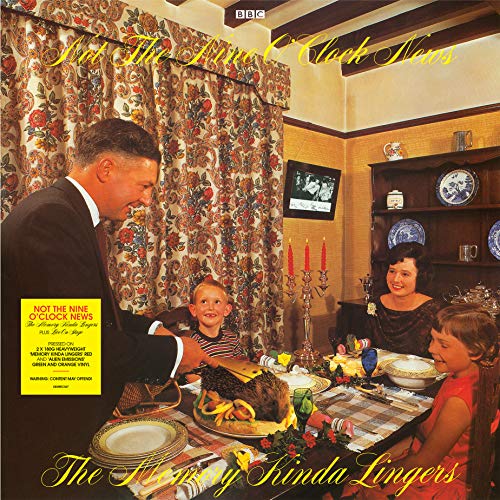 1970s family dinner scene with a man serving food, vintage record cover.