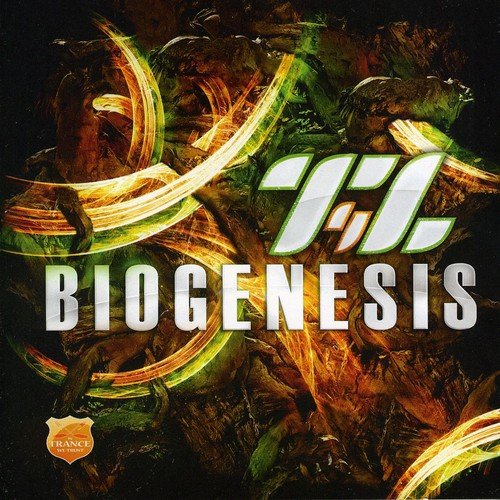 The image is a music CD cover with a dark, abstract background and text. For accessibility purposes, a concise alt text for this image could be: "CD cover with 'T4L' and 'BIOGENESIS' text on abstract background."