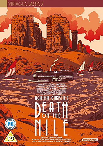 "Death on the Nile DVD cover featuring an orange-toned illustration of a riverboat on the Nile."
