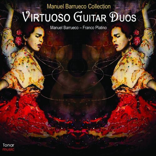 "CD cover with mirrored flamenco dancer images and 'Virtuoso Guitar Duos' title."
