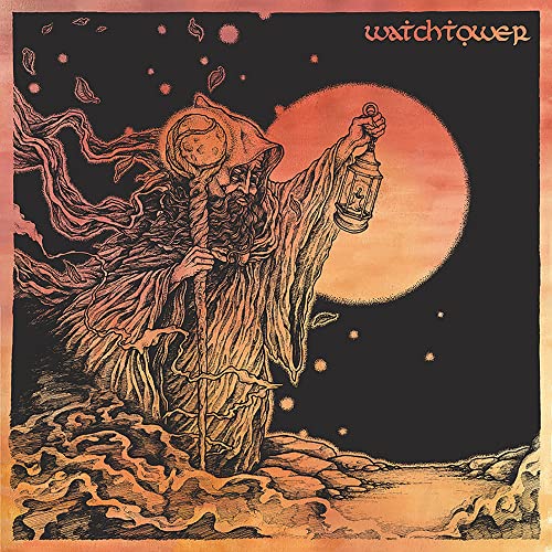 Watchtower album cover: hooded figure with lantern before a full moon.