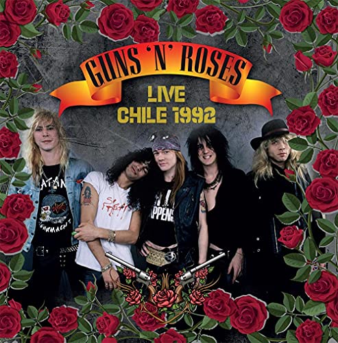 Guns N' Roses band photo with red roses, album cover art.