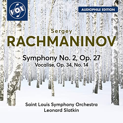 CD cover for Rachmaninov’s Symphony No. 2 with a snowy forest backdrop.