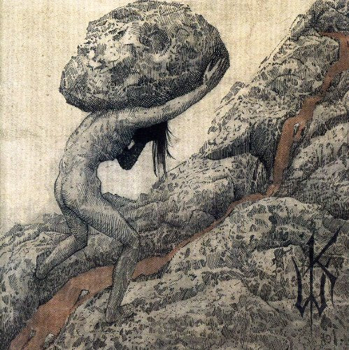 Figure straining under a large rock, sketched in monochrome with red accents.