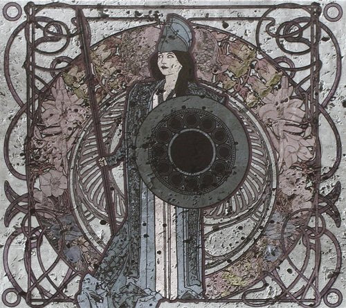 Art Nouveau style CD cover with a woman holding a shield and spear.