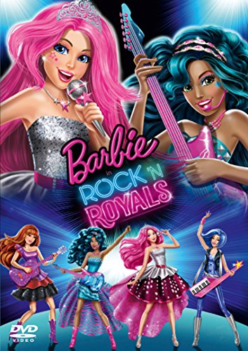"Barbie Rock 'N Royals DVD cover featuring cartoon dolls with musical instruments."