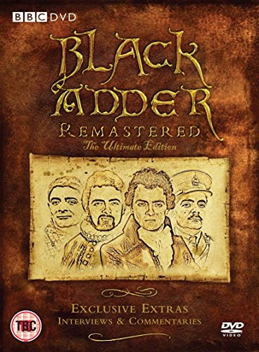 DVD cover for "Blackadder Remastered" with sketched characters on parchment, brown background.