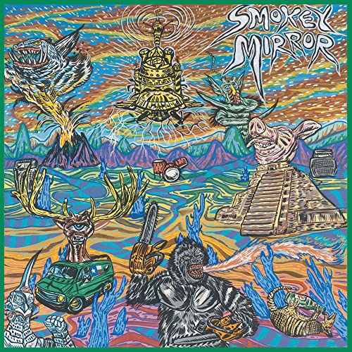 Colorful album cover with fantastical creatures, a volcano, and musical instruments.