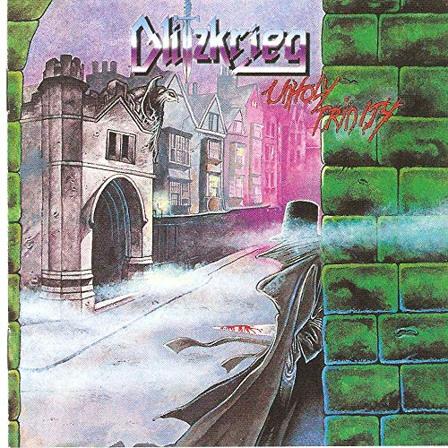 "Album cover art featuring a car crashing into a brick wall with a building."