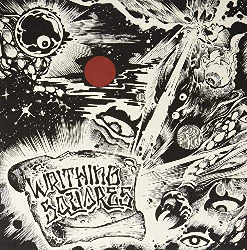 Black and white illustration of eyes, a red sun, and swirling shapes.