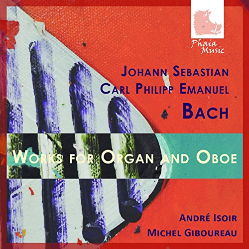 Red CD cover with abstract organ pipes and text "Works for Organ and Oboe".