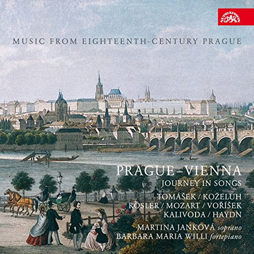 "CD cover with 18th-century Prague cityscape and people strolling by a river."