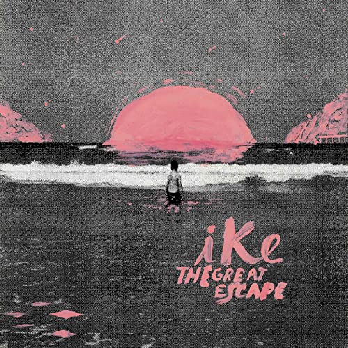 Vinyl record cover: lone figure on beach, pink sun, textured art.
