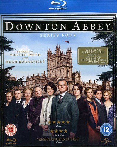 "Blu-ray case for Downton Abbey Series 4, featuring the cast and estate."