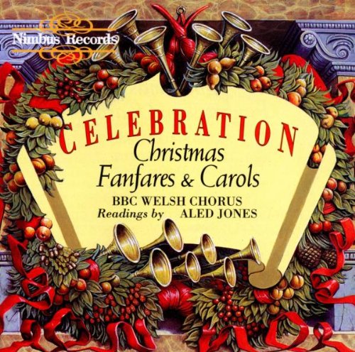 Christmas CD cover with festive wreath, trumpets, and red ribbons on a yellow background.