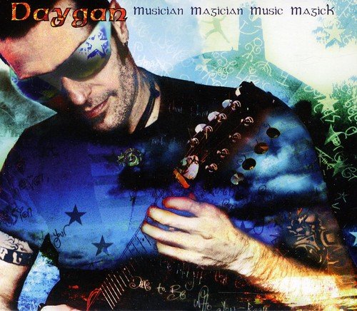 "Album cover featuring a man playing a guitar with a blue and green background."