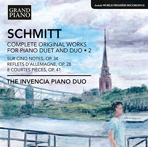 CD cover for Schmitt piano duet works, featuring a bridge and spire.