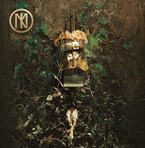 Dark album cover with decaying metal sculpture and textured, earthy background.