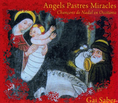 "CD cover art featuring Mary, baby Jesus, and a shepherd on a red background."