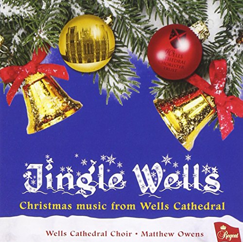 "Christmas CD cover featuring bells, ornaments, and fir branches on a blue background."