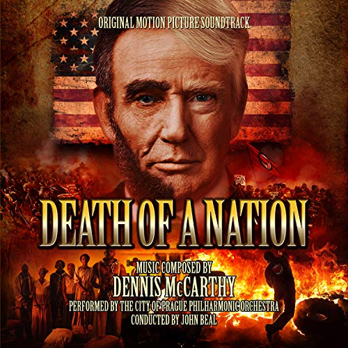 "Soundtrack cover with Abraham Lincoln's face and American flag, surrounded by flames and figures."