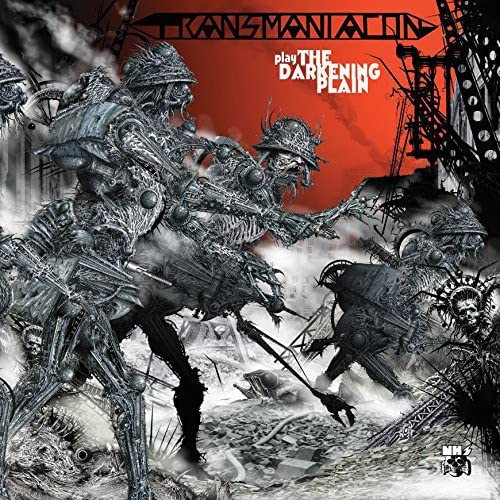 Dark album cover featuring intricate, mechanical figures in a desolate landscape.
