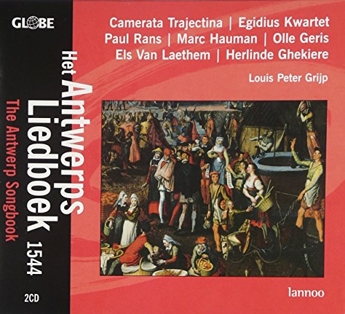 Red CD cover with medieval painting and white text, featuring "Het Antwerps Liedboek 1544".