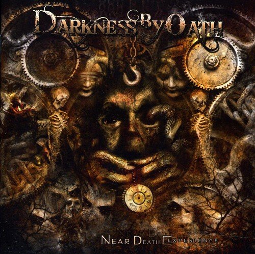"Darkness By Oath album cover with a grotesque face and skeletons surrounded by gears."