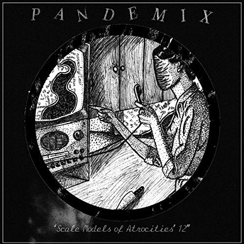Black album cover with white illustration of a person working on a model.