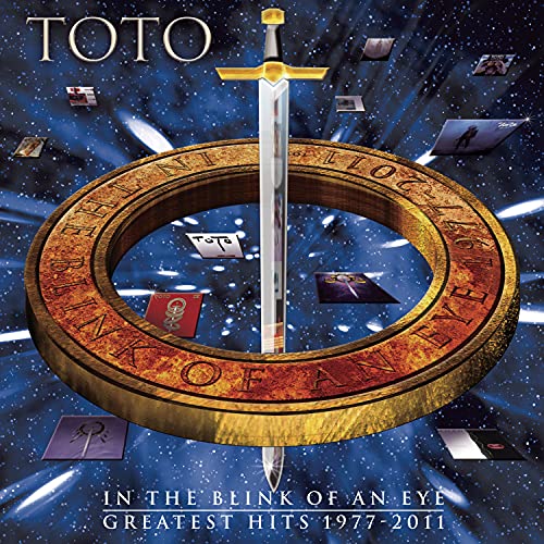 Toto album cover: sword through a ring with floating images, starry background.