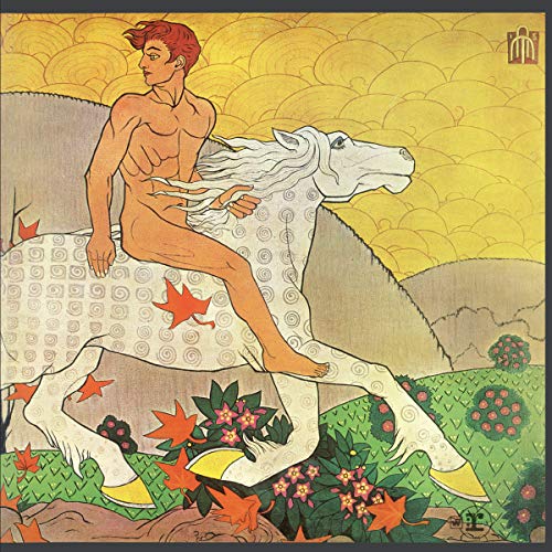 Album cover art: nude man riding white horse amidst autumn foliage and yellow sky.
