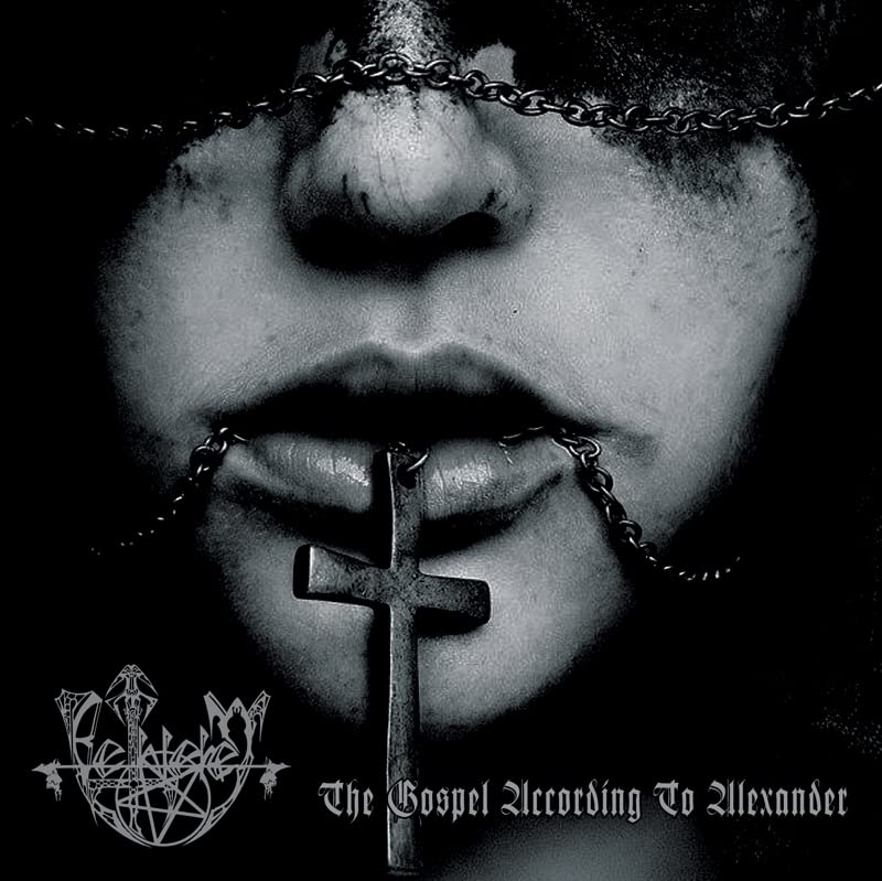 Close-up of a face with a cross over closed eyes, dark aesthetic.