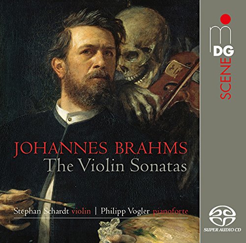 Compact disc with a black cover, titled "Johannes Brahms: Complete Violin Sonatas" by Stephan Schardt.
